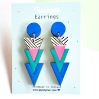 Dangle earrings, blue triangle handpainted wooden glitter dangle earrings