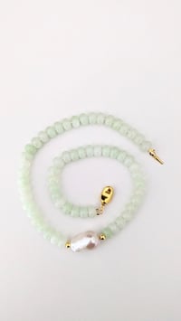 Hand-Knotted Light Jade Gemstone Necklace with Irregular Fresh Water Pearl