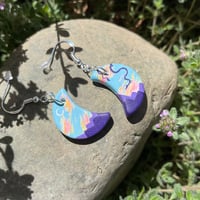 Image 2 of Evening Flight, hand-painted ceramic bisque crescent dragon earrings