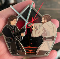 Image 1 of *MISSING 1 TINY ENAMEL FILL ON THUMB* - "High Ground" Anakin vs Obi wan 2 layer pin on pin