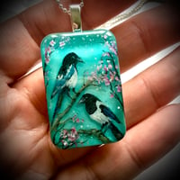 Image 5 of Magpies on Blossom Painted Resin Pendant