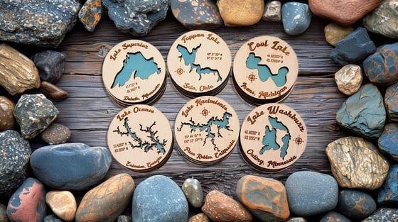 Image of Set of 4 Custom Lake Map Drink Coasters, Lake House Summer Party Decor, Guy Gift