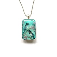 Image 3 of Magpies on Blossom Painted Resin Pendant