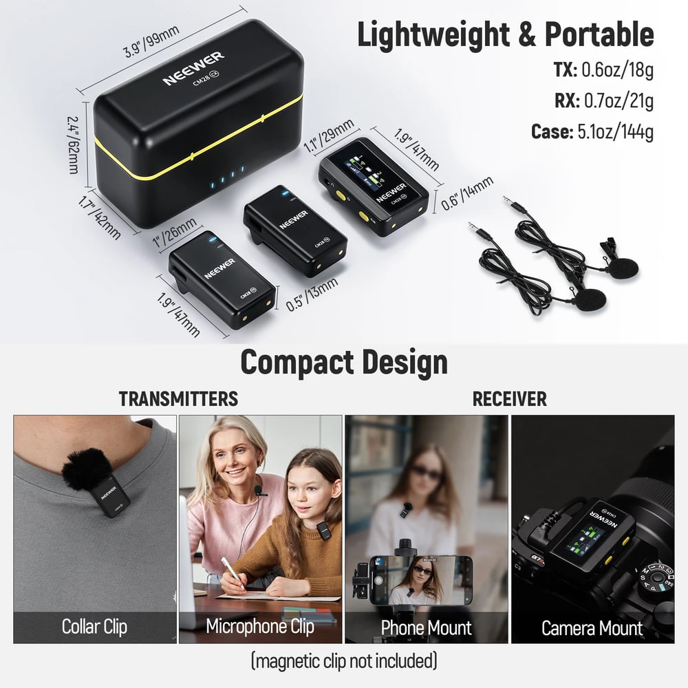 NEEWER CM28 Wireless Lavalier Microphone with Charging Case 1 Click Noise Canceling Audio Lapel Mic 