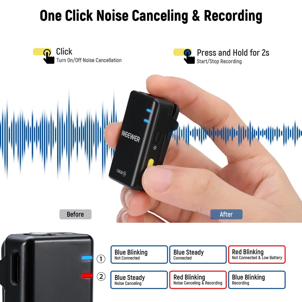 NEEWER CM28 Wireless Lavalier Microphone with Charging Case 1 Click Noise Canceling Audio Lapel Mic 