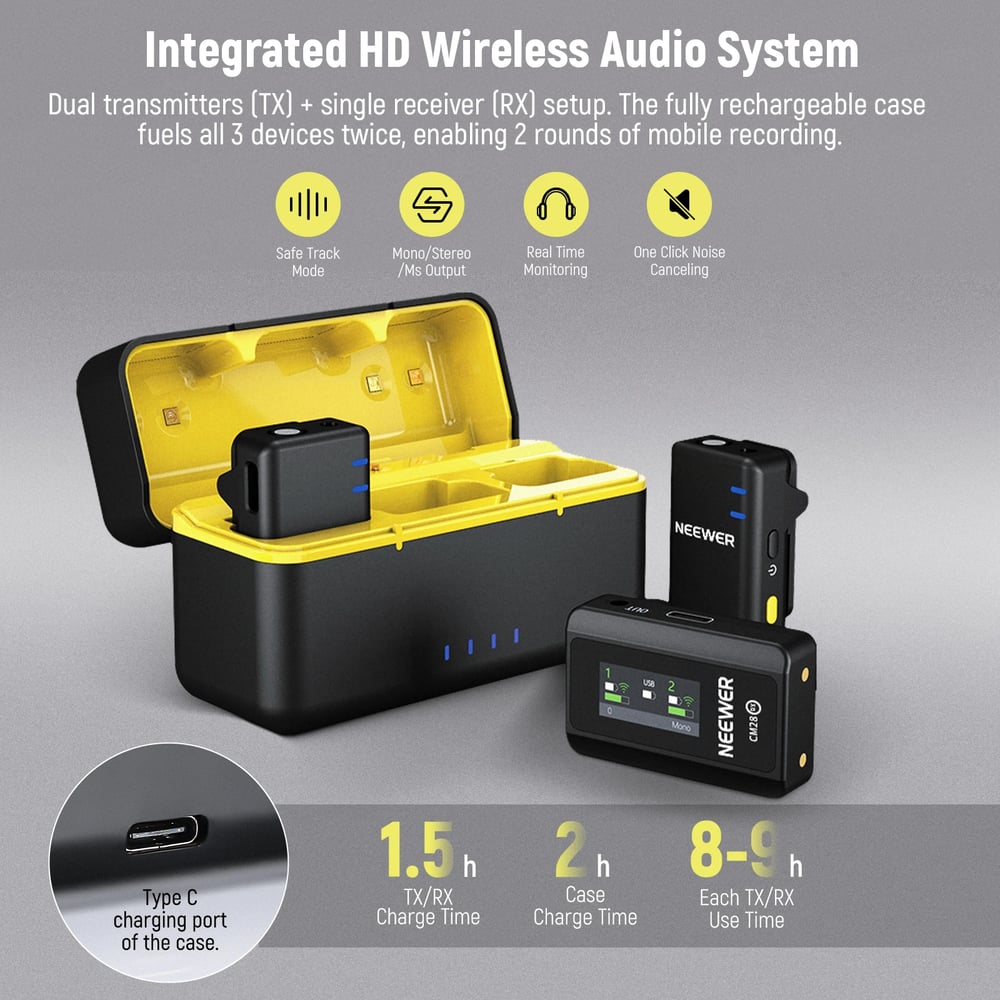 NEEWER CM28 Wireless Lavalier Microphone with Charging Case 1 Click Noise Canceling Audio Lapel Mic 