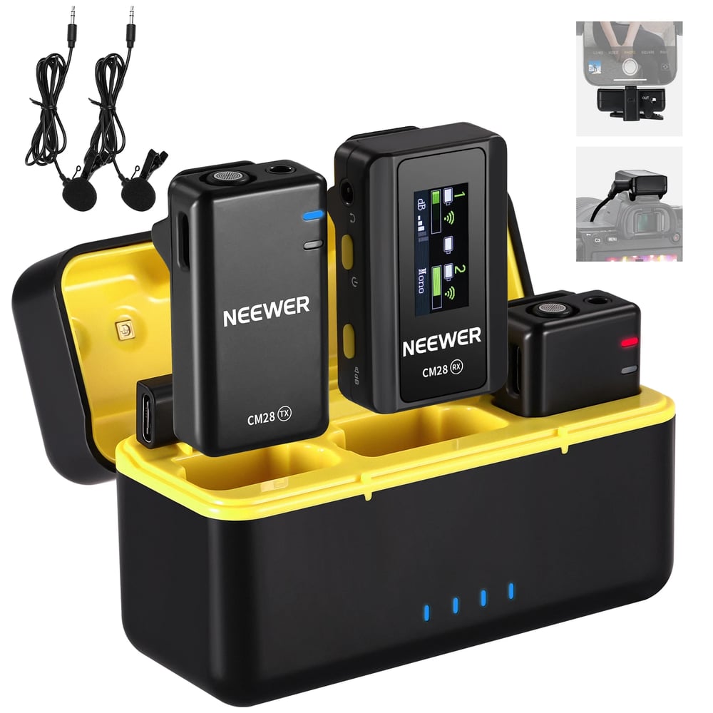 NEEWER CM28 Wireless Lavalier Microphone with Charging Case 1 Click Noise Canceling Audio Lapel Mic 