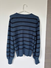 Image 2 of Upcycled Tulip Patch Cardigan – Striped Blue Knit Sweater with Colorful Buttons, One of a Kind