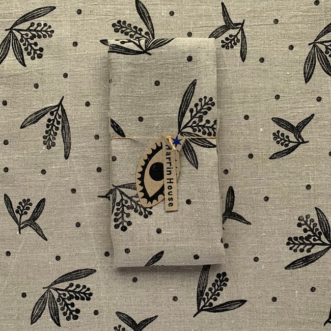 Natural handprinted Linen Tea towel~budding acacia 