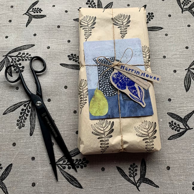 Natural handprinted Linen Tea towel~budding acacia 