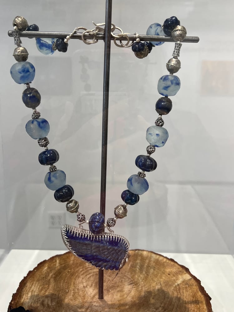 Image of Carved Lapis Wing, with huge Card Melon Beads & Vintage Silver Indonasion beads.