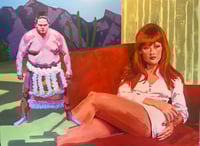 Oil painting of woman and sumo wrestler