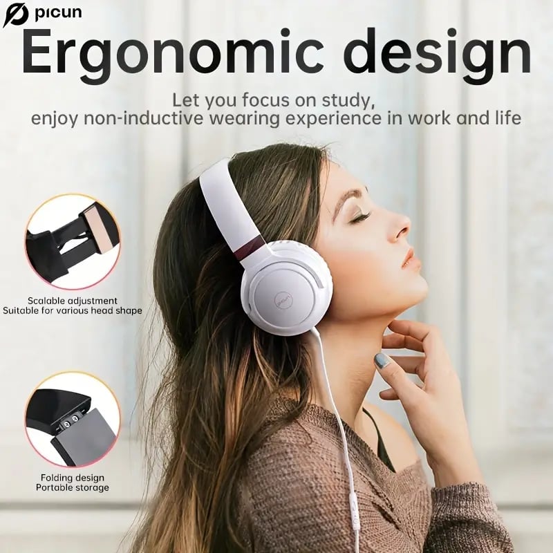 Picun C60 Wired On-Ear Headphones with Microphone – Lightweight, Foldable
