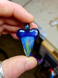 Image 2 of Dichro and silver fumed shark tooth pendant with blue starduat over star gazer top 💎