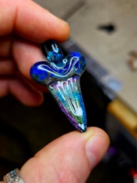 Image 1 of Dichroic shark tooth pendant backed with galaxy and blue amber purple top. 