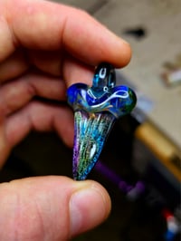 Image 2 of Dichroic shark tooth pendant backed with galaxy and blue amber purple top. 