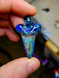 Image 3 of Dichroic shark tooth pendant backed with galaxy and blue amber purple top. 