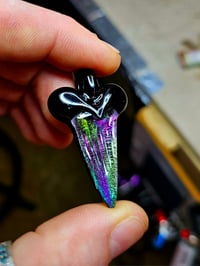 Image 1 of Rainbow dichro shark tooth pendant with galaxy backing & top. 