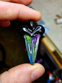 Image 2 of Rainbow dichro shark tooth pendant with galaxy backing & top. 