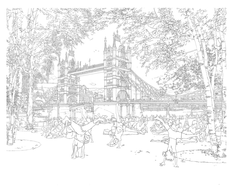 Image of Man Sunbathing on Tower Bridge / Pencil drawing.