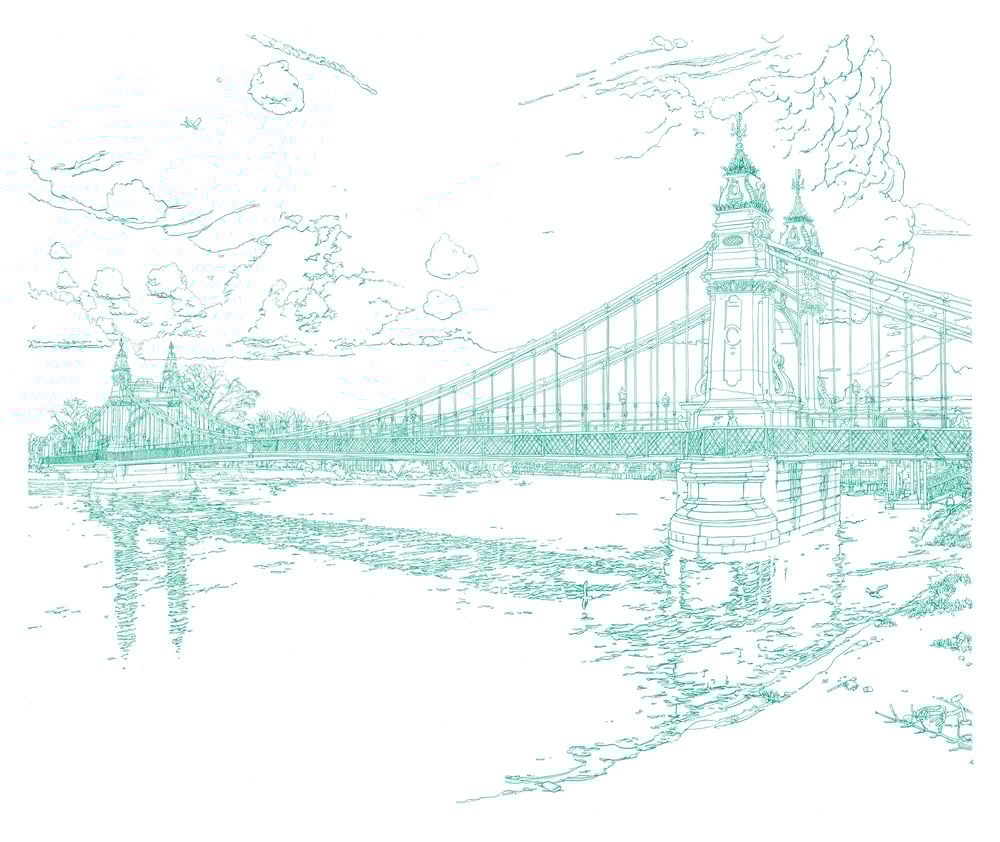 Image of Hammersmith Bridge Green / Colour pencil drawing.