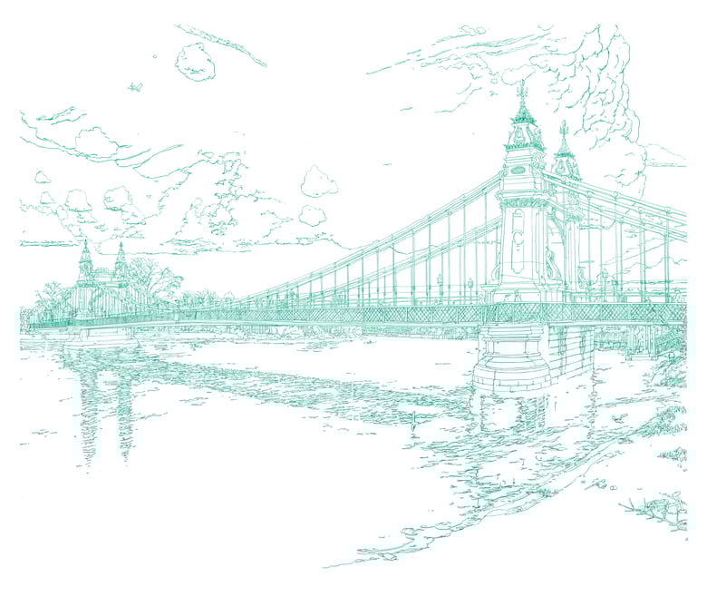 Image of Hammersmith Bridge Green / Colour pencil drawing.