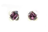 Image 1 of Contemporary 4-claw rhodolite garnet studs in sterling silver