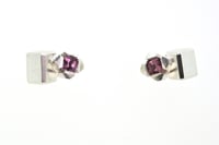 Image 2 of Contemporary 4-claw rhodolite garnet studs in sterling silver with cube