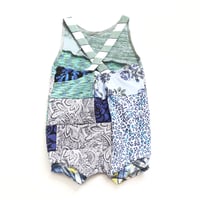 Image 3 of green blue patchwork 3/4 3T 4T romper courtneycourtney playsuit shorts layer shortalls shortsuit
