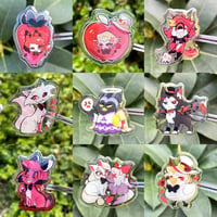 Image 1 of Hazbin Hotel: Character pins| Alaster| Lucifer| Angel dust| Adam|Niffty|Husk|Chaggie|