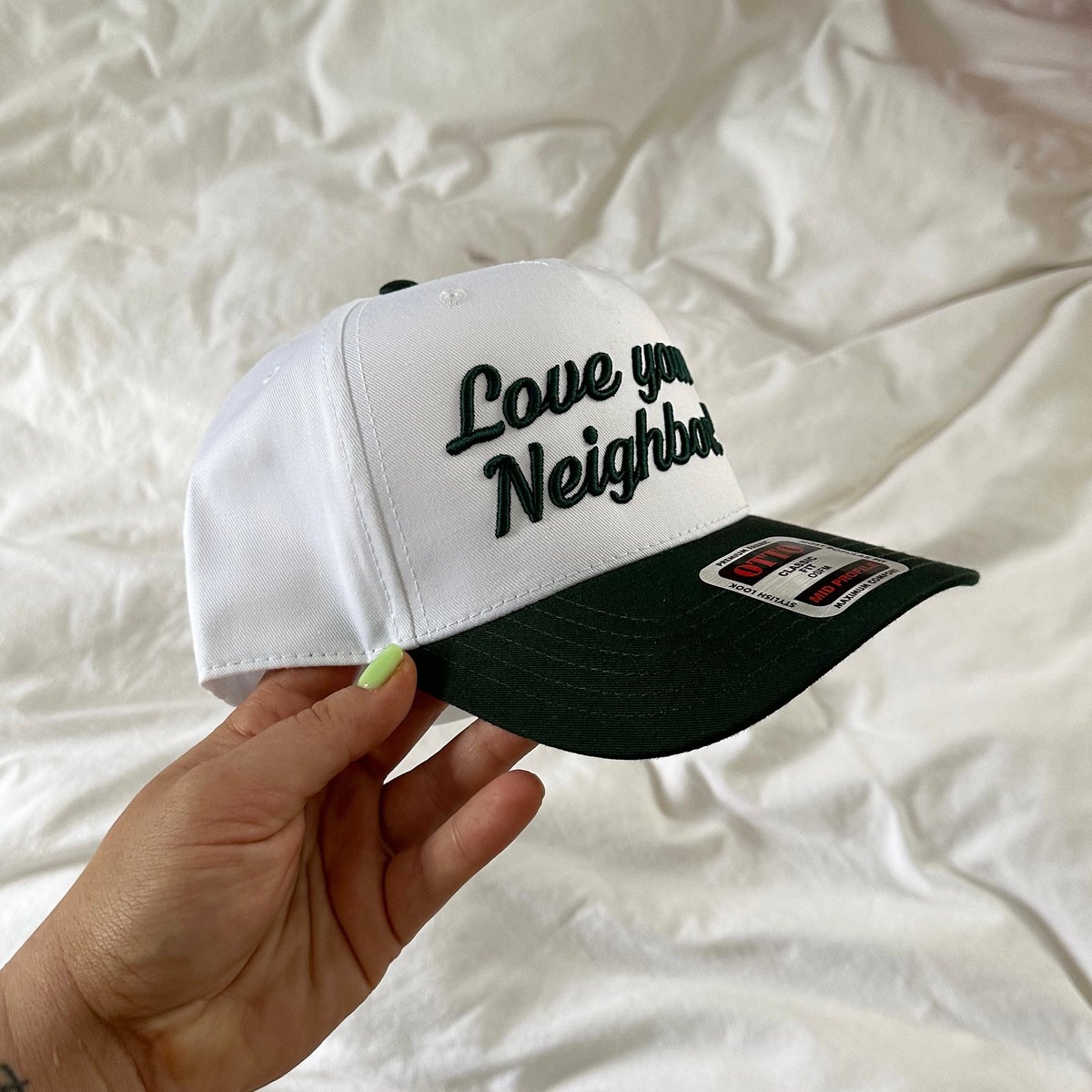 Image of LOVE YOUR NEIGHBOR EMBROIDERED HAT - WHITE/GREEN