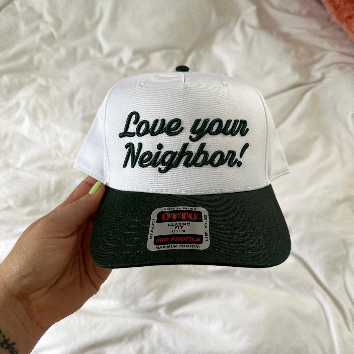 Image of LOVE YOUR NEIGHBOR EMBROIDERED HAT - WHITE/GREEN
