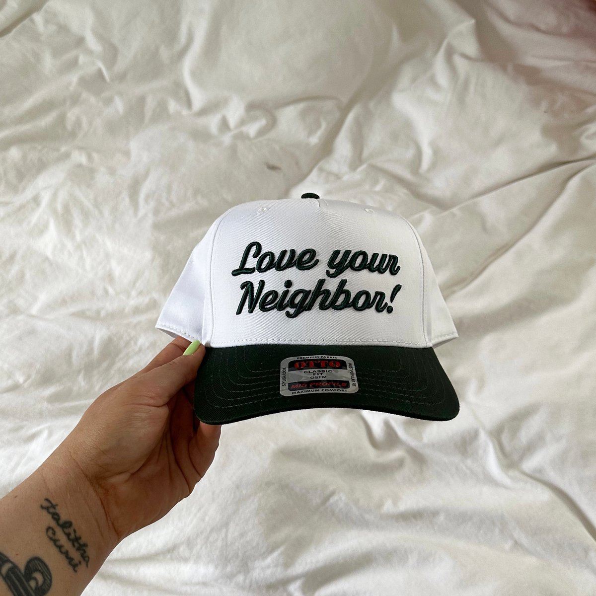 Image of LOVE YOUR NEIGHBOR EMBROIDERED HAT - WHITE/GREEN