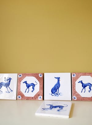 Image of Sitting Down Whippet Cobalt Tile *new 5inch size*