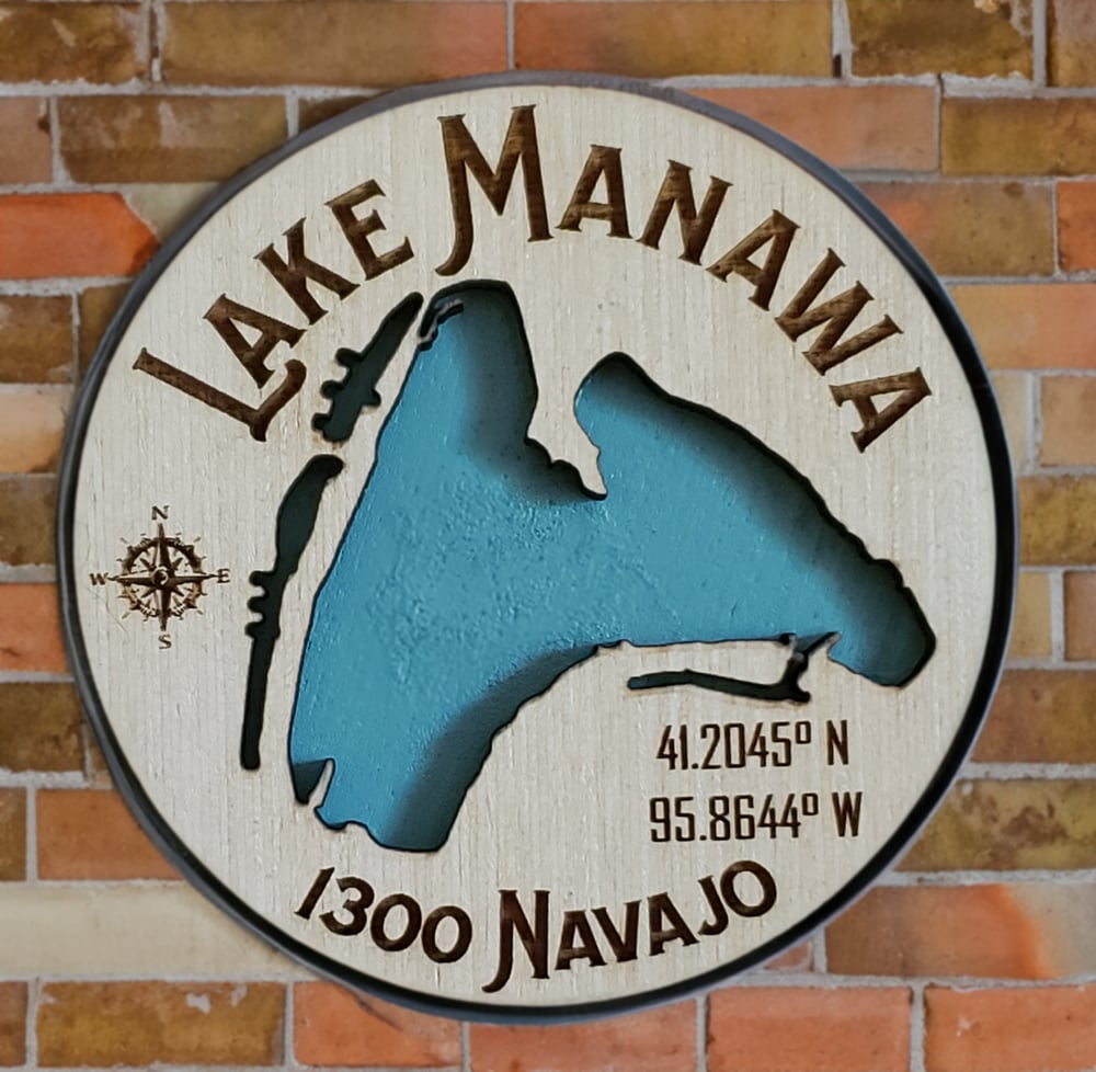 Image of Custom 3D Lake Map Cut Out Round Wood Sign, Lake House Wall or Mantle Decor