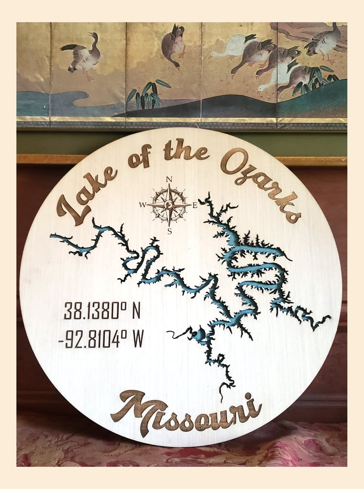 Image of Custom 3D Lake Map Cut Out Round Wood Sign, Lake House Wall or Mantle Decor