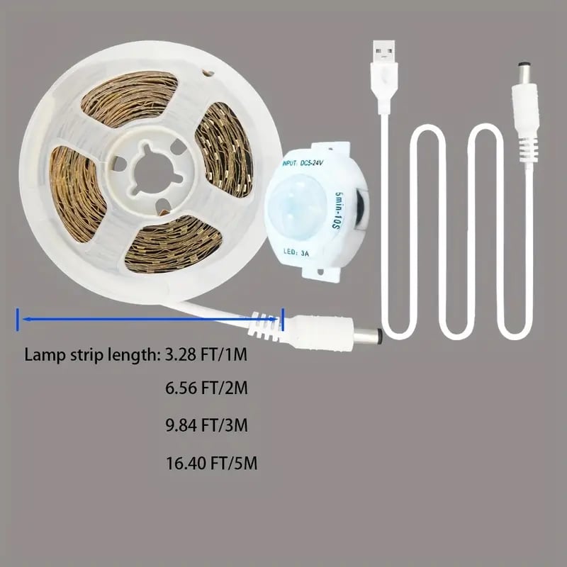 USB Motion Sensor LED Light Strip | 3-16 Ft Cold White | Automatic for Stairs, Wardrobes, Kitchens