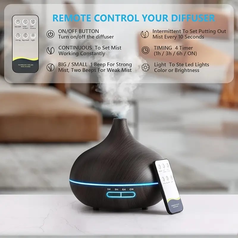 Large Room Essential Oil Diffuser | 18.6oz, Remote Control, Timer, 7 Colors