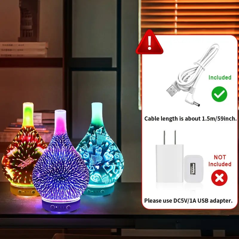 Essential Oil Diffuser, 3D Fireworks Glass, Ultrasonic, Timer, Auto Off, 6.76oz