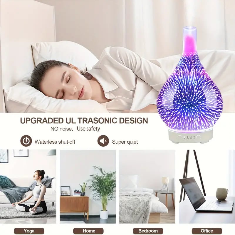 Essential Oil Diffuser, 3D Fireworks Glass, Ultrasonic, Timer, Auto Off, 6.76oz