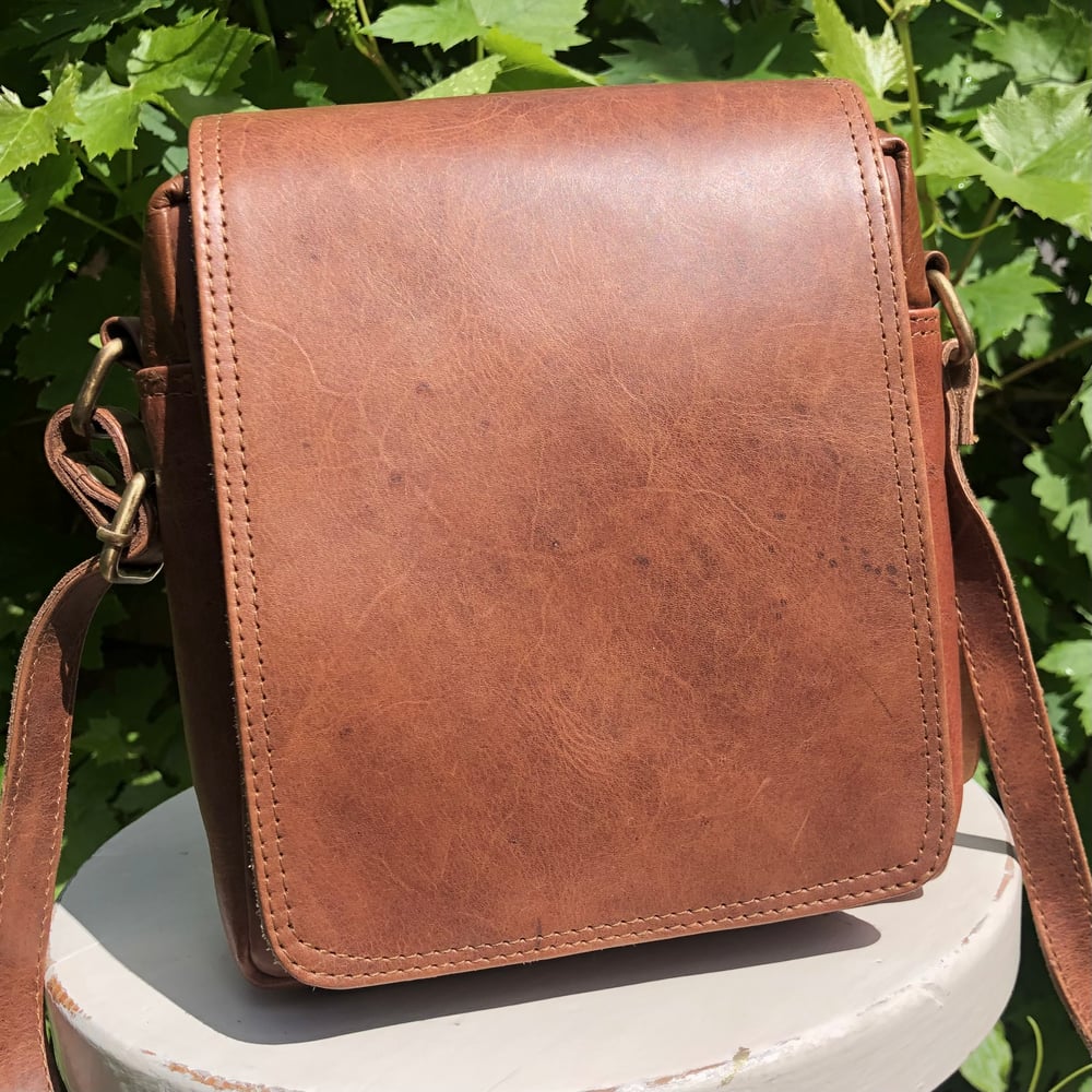 Image of Handmade Buffalo Leather Square Man Bag - 6.5x7”