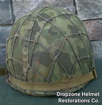 Image 8 of WWII M1 USMC Helmet McCord Fixed bale & rayon Hawley Liner. 1st Pattern Camo Cover.