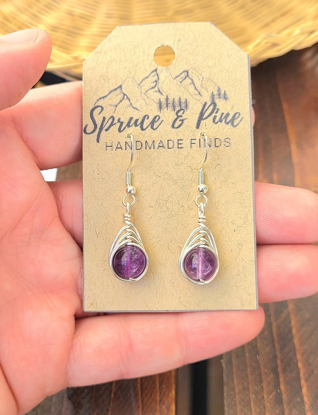 Sterling Silver & Amethyst Gemstone Handmade Herringbone Earrings