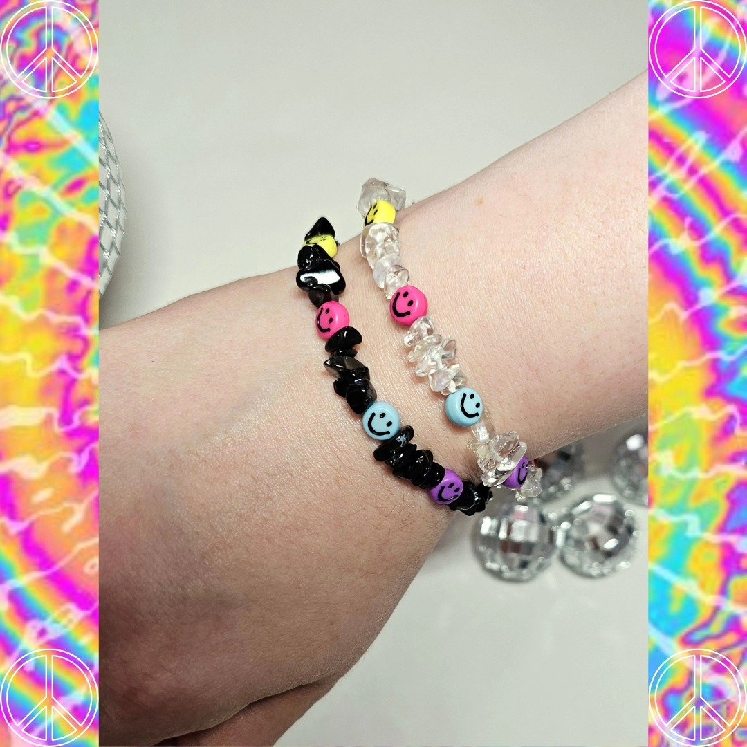 Image of Black Obsidian & Clear Quartz Smiley Bracelet Set
