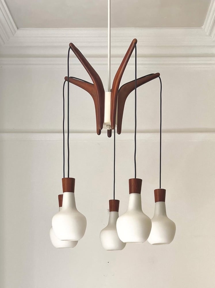 Image of Scandinavian Teak & Glass Chandelier