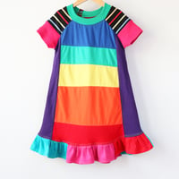 Image 3 of rainbow patchwork stripe ruffle hem size 5T short sleeve dress courtneycourtney