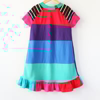 Image 4 of rainbow patchwork stripe ruffle hem size 5T short sleeve dress courtneycourtney