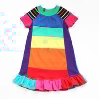 Image 2 of rainbow patchwork stripe ruffle hem size 5T short sleeve dress courtneycourtney