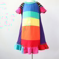 Image 1 of rainbow patchwork stripe ruffle hem size 5T short sleeve dress courtneycourtney