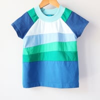 Image 1 of blue green bands shade patchwork ombre baseball sleeve 5T courtneycourtney tee shirt unisex top